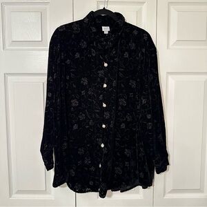 Marla Duran Shirt Womens XL Black Velvet Burnout Floral Button Front Whimsigoth